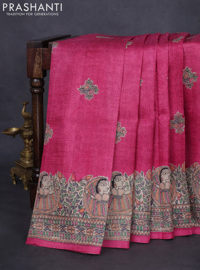 Tussar madhubani printed silk saree pink and cream with allover prints and printed border