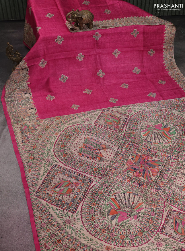 Tussar madhubani printed silk saree pink and cream with allover prints and printed border