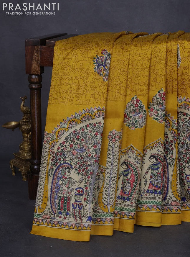 Tussar madhubani printed silk saree mustard yellow and cream with allover prints and printed border