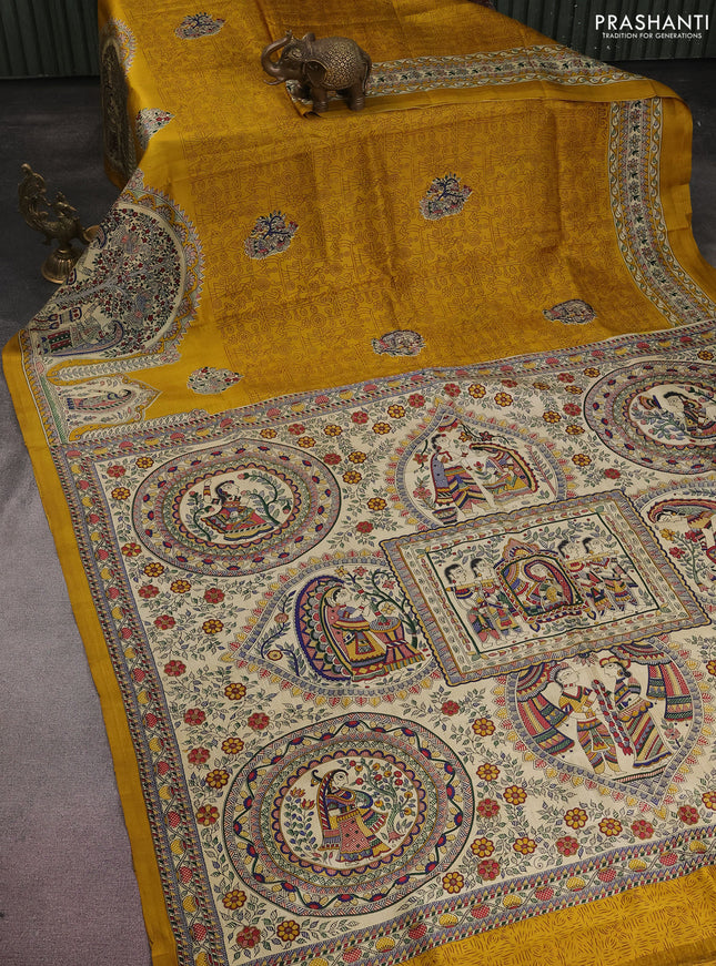 Tussar madhubani printed silk saree mustard yellow and cream with allover prints and printed border