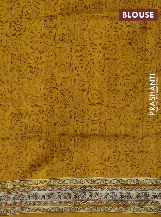 Tussar madhubani printed silk saree mustard yellow and cream with allover prints and printed border