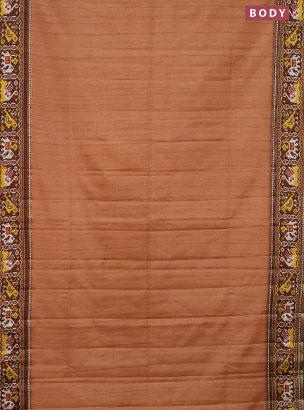 Semi tussar saree peach orange and brown with plain body and patola printed border