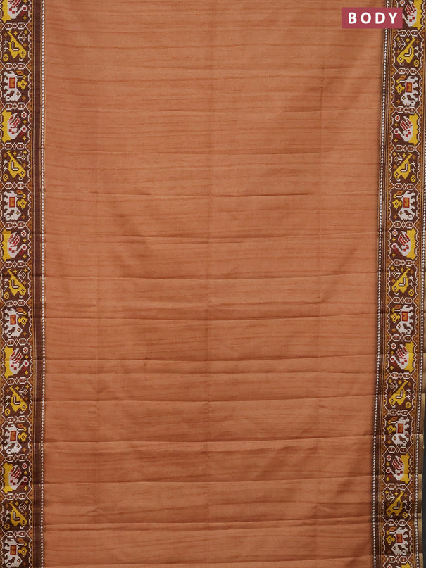 Semi tussar saree peach orange and brown with plain body and patola printed border