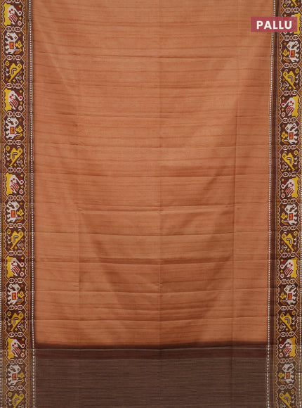Semi tussar saree peach orange and brown with plain body and patola printed border