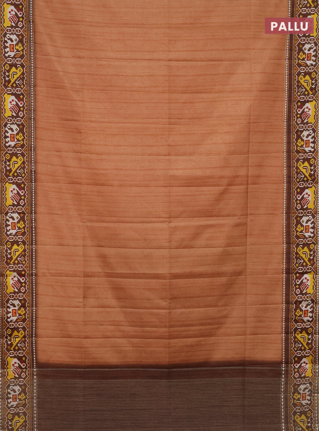 Semi tussar saree peach orange and brown with plain body and patola printed border