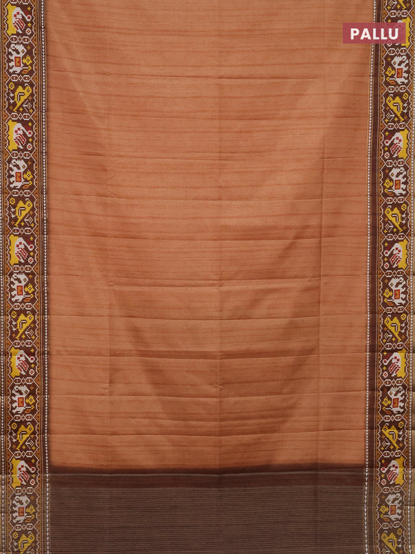 Semi tussar saree peach orange and brown with plain body and patola printed border