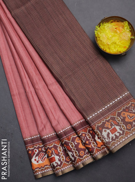 Semi tussar saree dark peach pink and brown with plain body and patola printed border