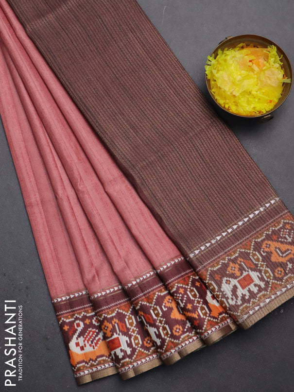 Semi tussar saree dark peach pink and brown with plain body and patola printed border