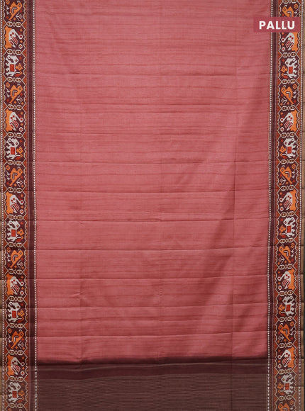 Semi tussar saree dark peach pink and brown with plain body and patola printed border