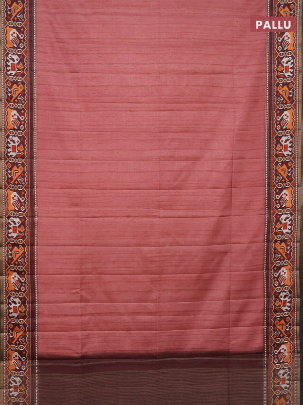 Semi tussar saree dark peach pink and brown with plain body and patola printed border