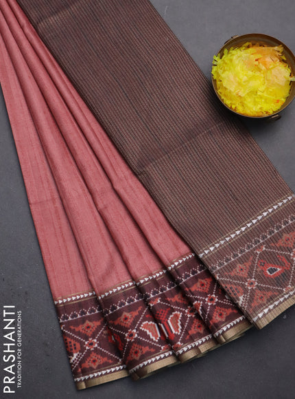 Semi tussar saree dark peach and brown with plain body and patola printed border