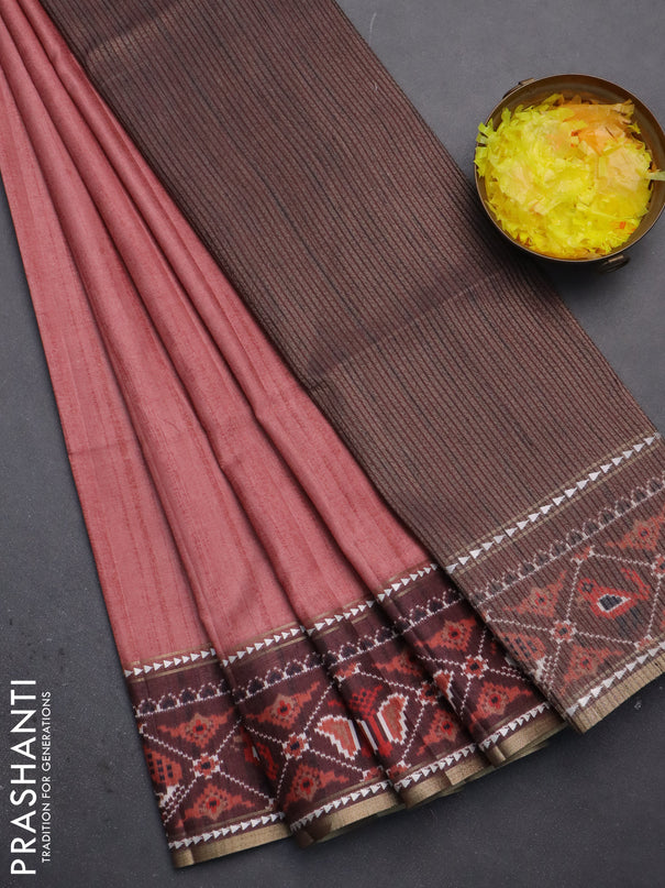 Semi tussar saree dark peach and brown with plain body and patola printed border