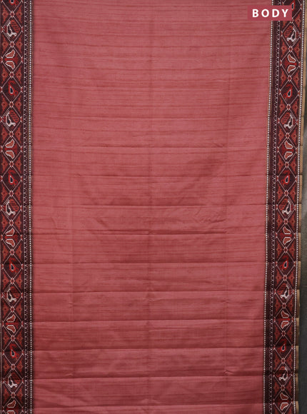 Semi tussar saree dark peach and brown with plain body and patola printed border