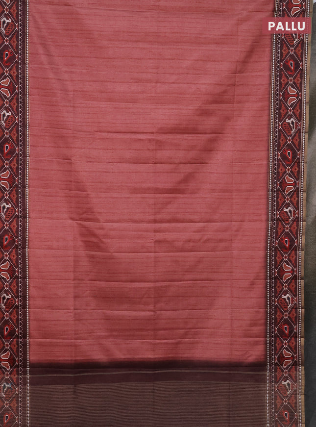 Semi tussar saree dark peach and brown with plain body and patola printed border