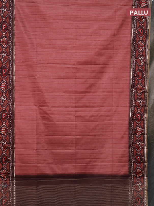 Semi tussar saree dark peach and brown with plain body and patola printed border