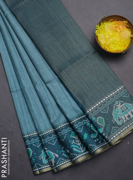 Semi tussar saree teal blue and peacock blue with plain body and patola printed border