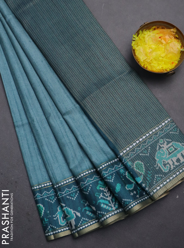 Semi tussar saree teal blue and peacock blue with plain body and patola printed border