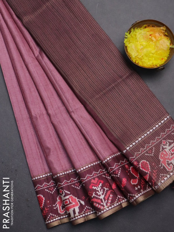 Semi tussar saree mauve pink and wine shade with plain body and patola printed border