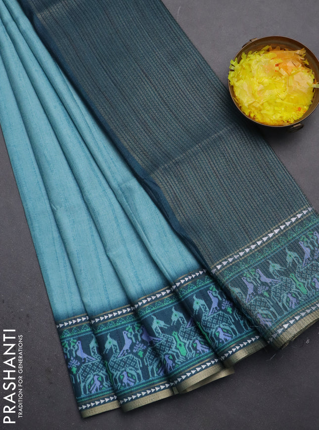 Semi tussar saree teal blue and peacock blue with plain body and patola printed border
