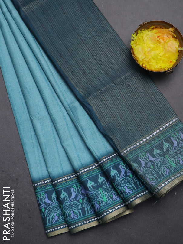 Semi tussar saree teal blue and peacock blue with plain body and patola printed border