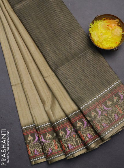 Semi tussar saree elaichi green and sap green with plain body and patola printed border