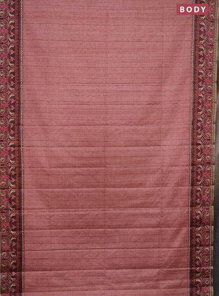 Semi tussar saree pastel peach and brown with plain body and patola printed border