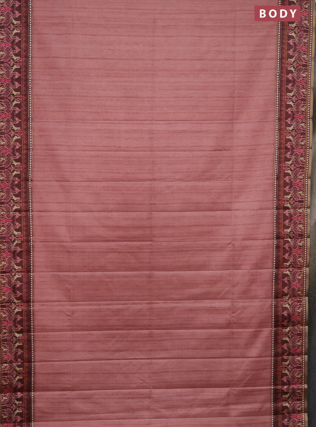 Semi tussar saree pastel peach and brown with plain body and patola printed border