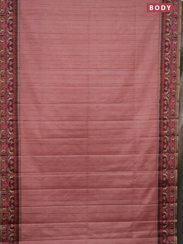 Semi tussar saree pastel peach and brown with plain body and patola printed border
