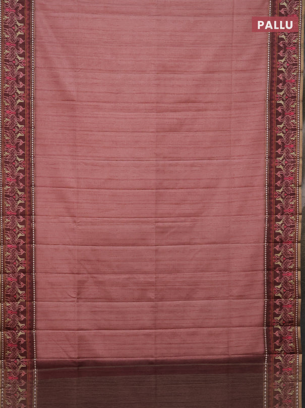 Semi tussar saree pastel peach and brown with plain body and patola printed border