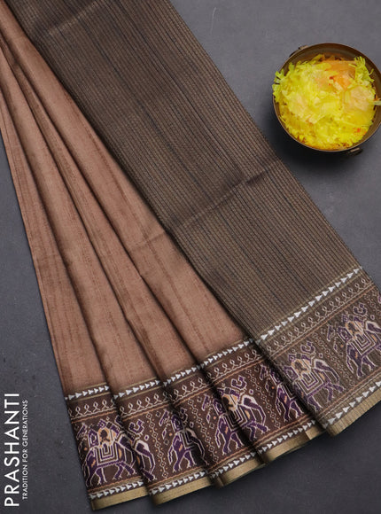 Semi tussar saree sandal and brown with plain body and patola printed border