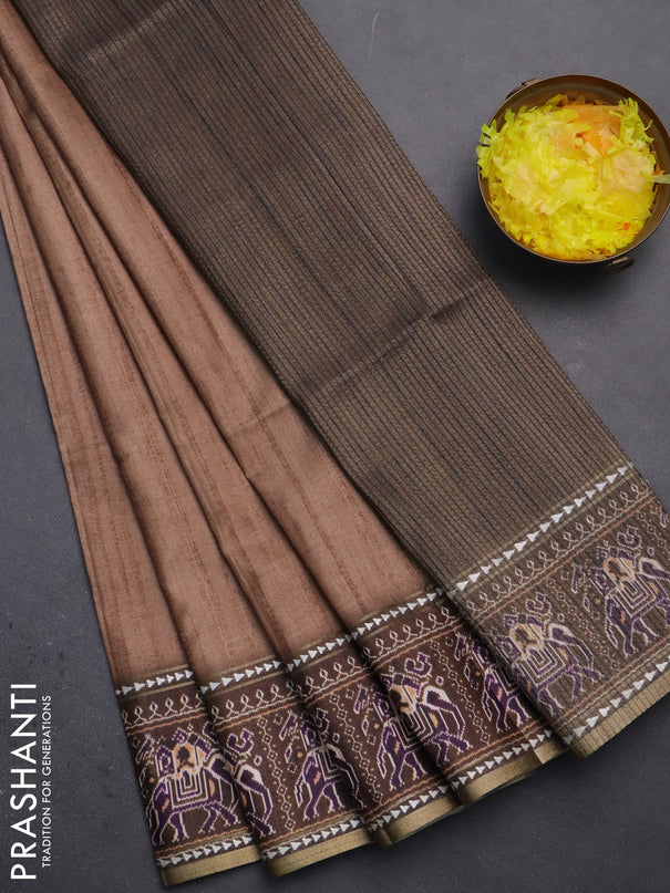 Semi tussar saree sandal and brown with plain body and patola printed border
