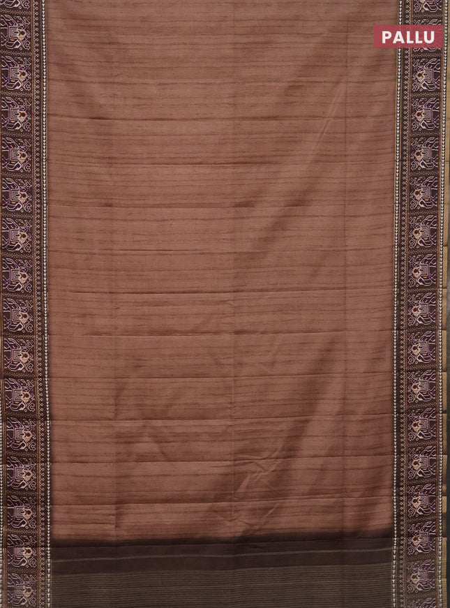 Semi tussar saree sandal and brown with plain body and patola printed border