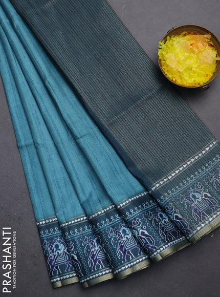 Semi tussar saree teal blue and peacock blue with plain body and patola printed border
