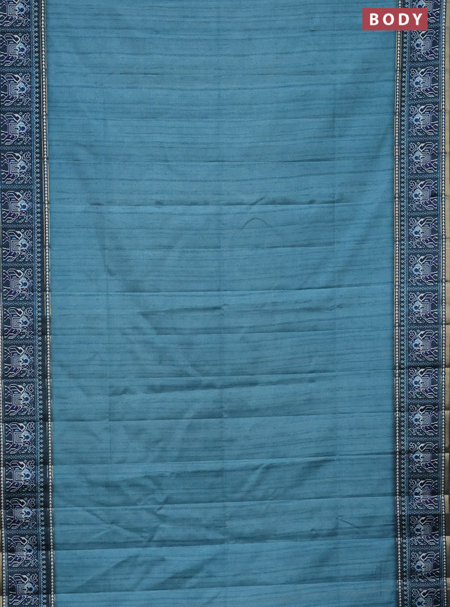 Semi tussar saree teal blue and peacock blue with plain body and patola printed border