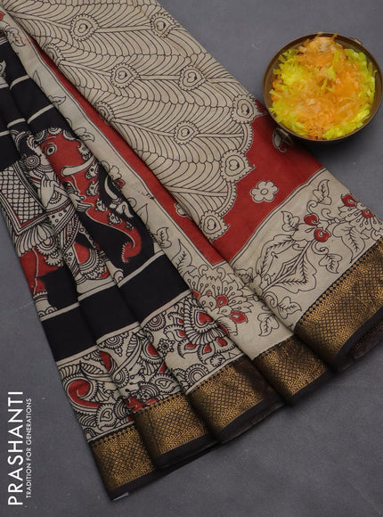 Kalamkari semi silk saree black and beige with allover prints and zari woven border