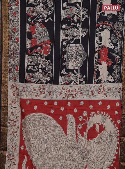 Kalamkari semi silk saree black and beige with allover prints and zari woven border