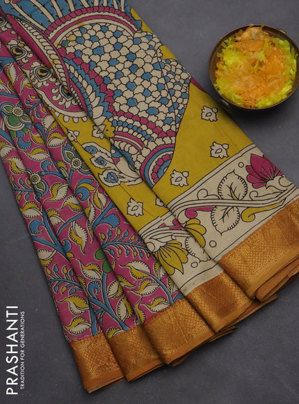 Kalamkari semi silk saree pink and dark mustard with allover prints and zari woven border