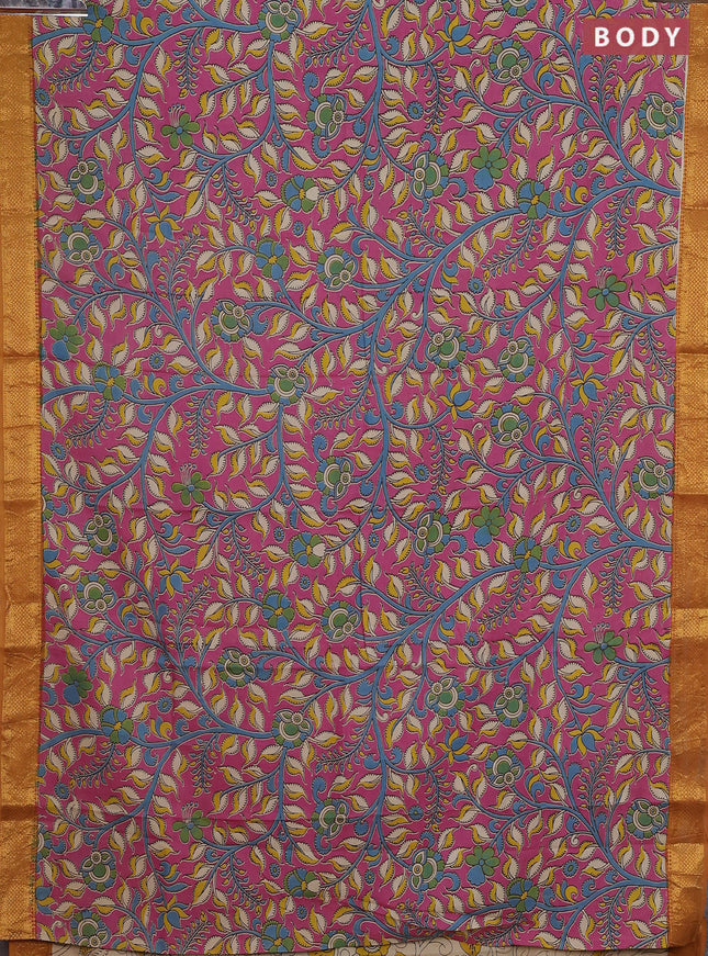 Kalamkari semi silk saree pink and dark mustard with allover prints and zari woven border