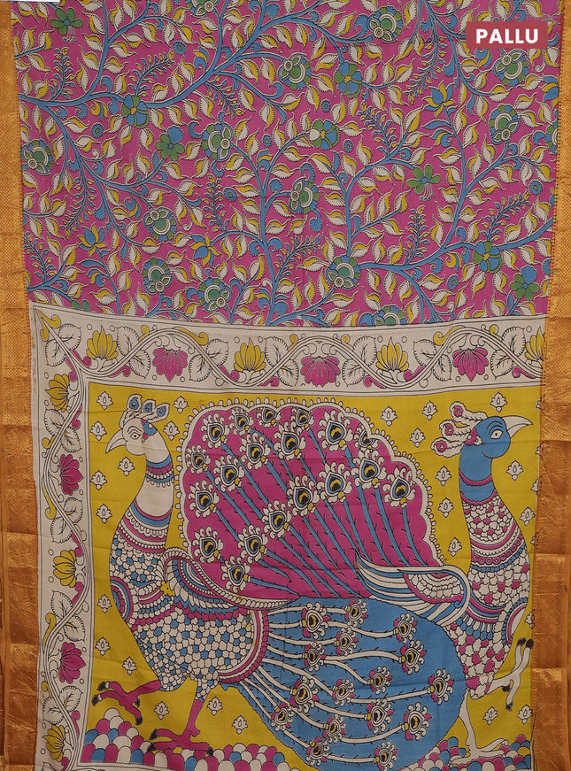Kalamkari semi silk saree pink and dark mustard with allover prints and zari woven border