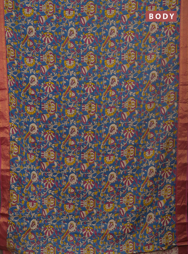 Kalamkari semi silk saree blue and pink with allover prints and zari woven border