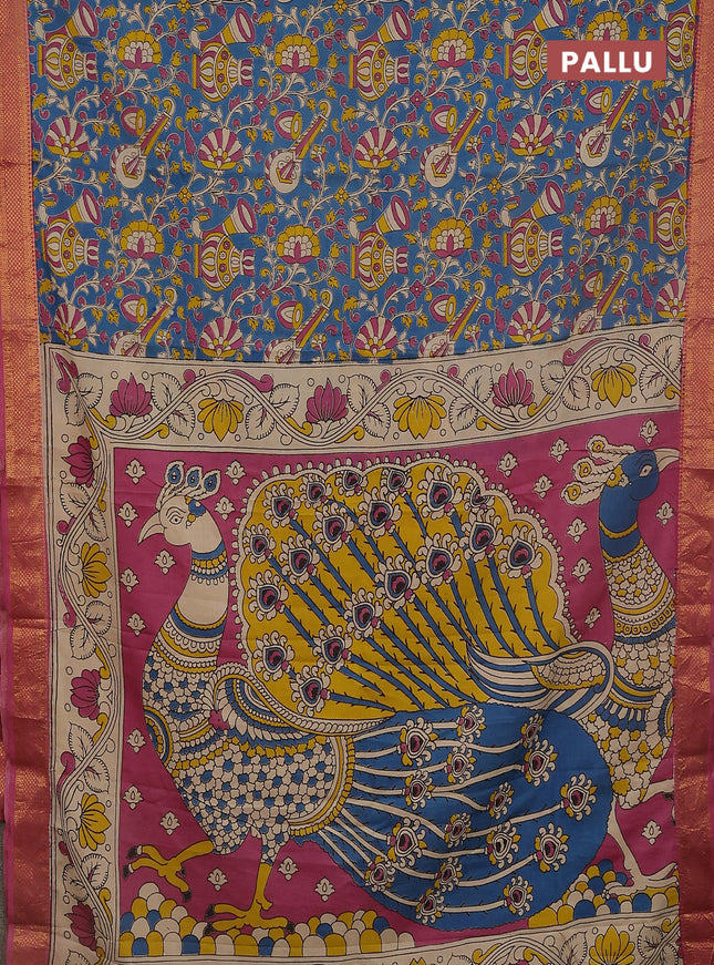 Kalamkari semi silk saree blue and pink with allover prints and zari woven border