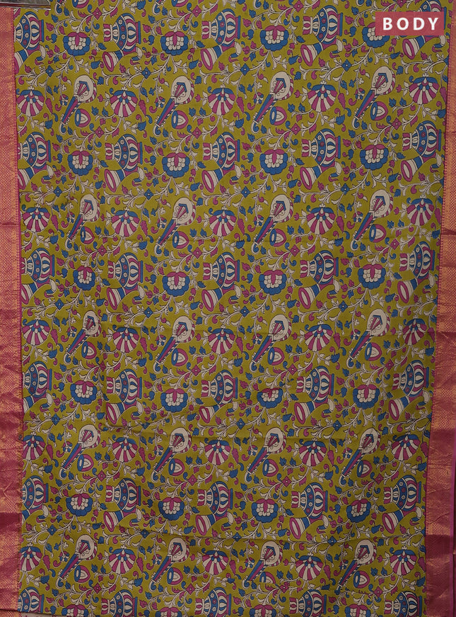 Kalamkari semi silk saree light green and pink with allover prints and zari woven border
