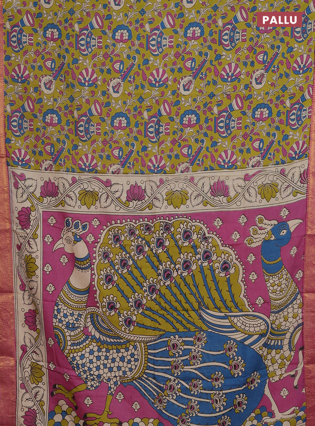 Kalamkari semi silk saree light green and pink with allover prints and zari woven border