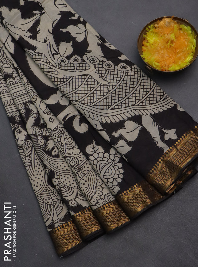 Kalamkari semi silk saree black with allover prints and zari woven border