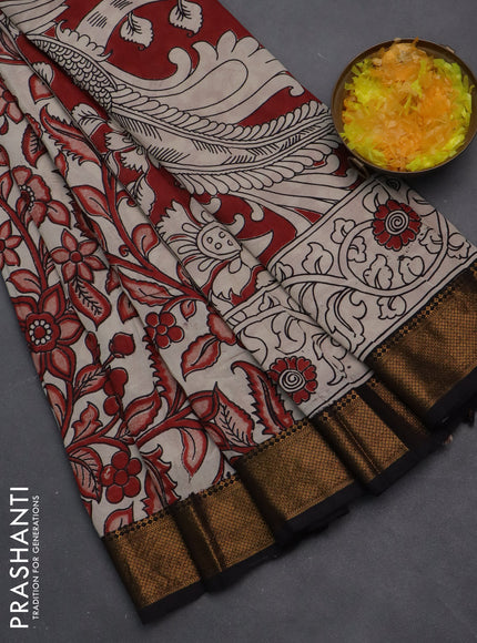 Kalamkari semi silk saree beige maroon and black with allover prints and zari woven border