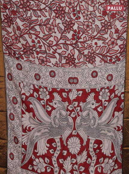 Kalamkari semi silk saree beige maroon and black with allover prints and zari woven border