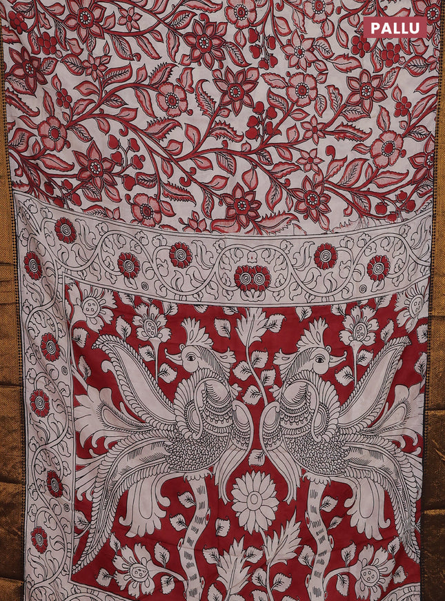 Kalamkari semi silk saree beige maroon and black with allover prints and zari woven border