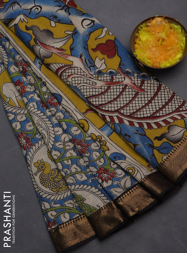 Kalamkari semi silk saree blue and black with allover prints and zari woven border