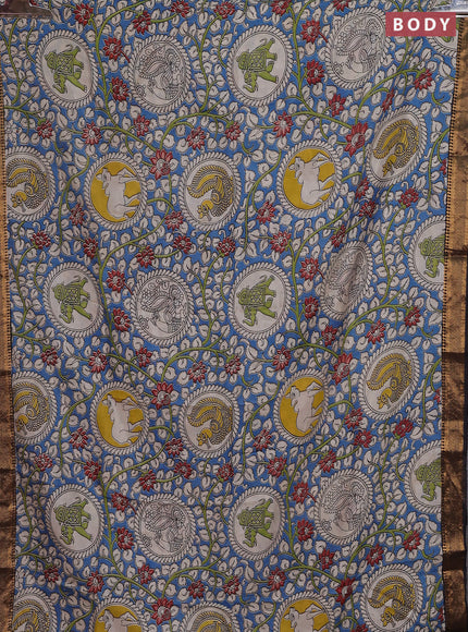 Kalamkari semi silk saree blue and black with allover prints and zari woven border