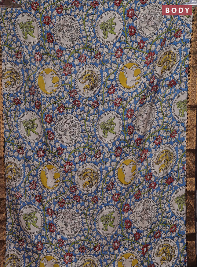 Kalamkari semi silk saree blue and black with allover prints and zari woven border